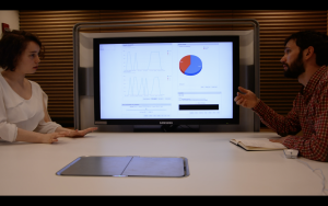 two people using the SIDR system. The real time visualization in the background screen shows a pie chart of the ration of speaking time of each participant